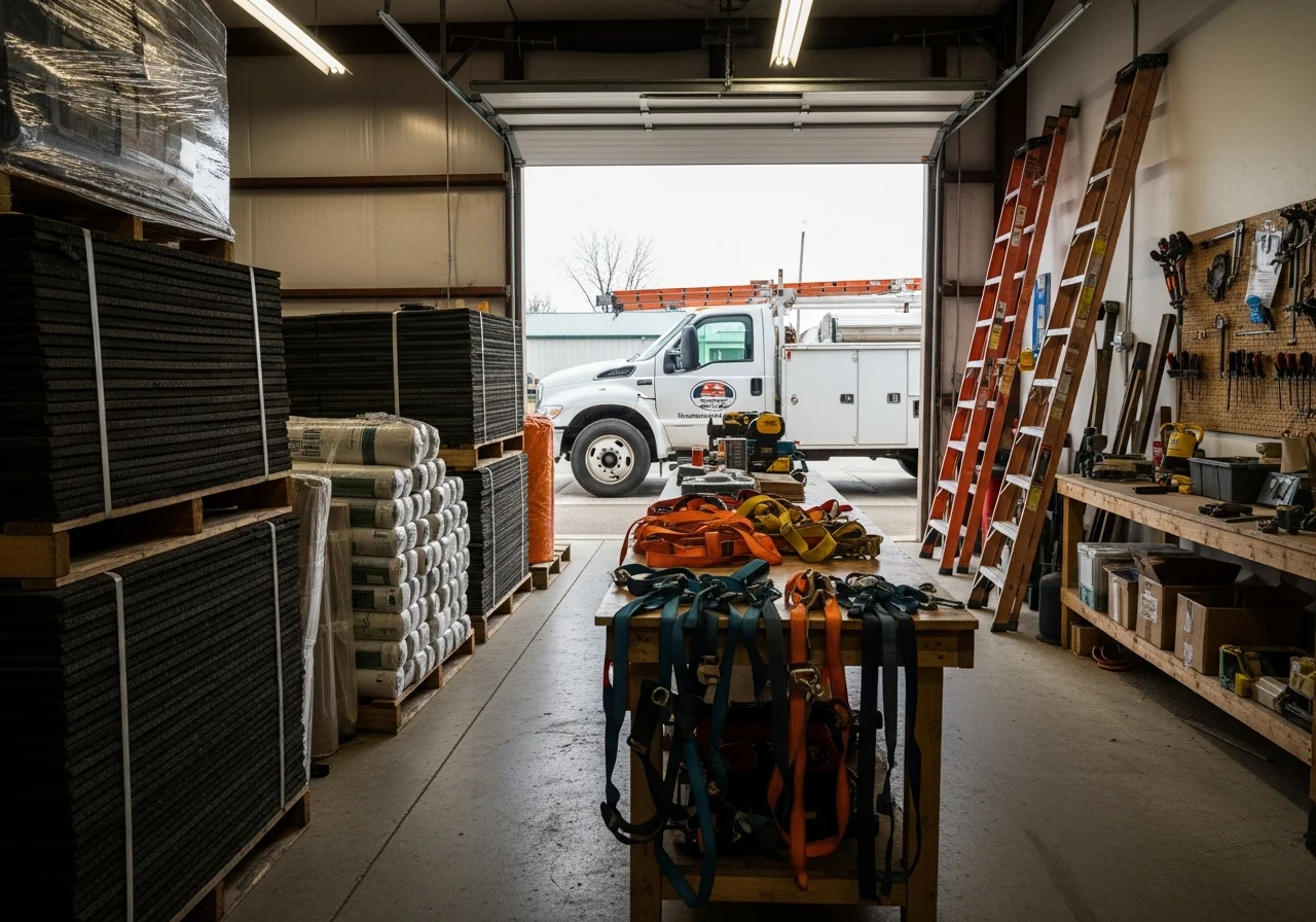 Professional roofing crew with tools and equipment ready for residential and commercial property restoration work.