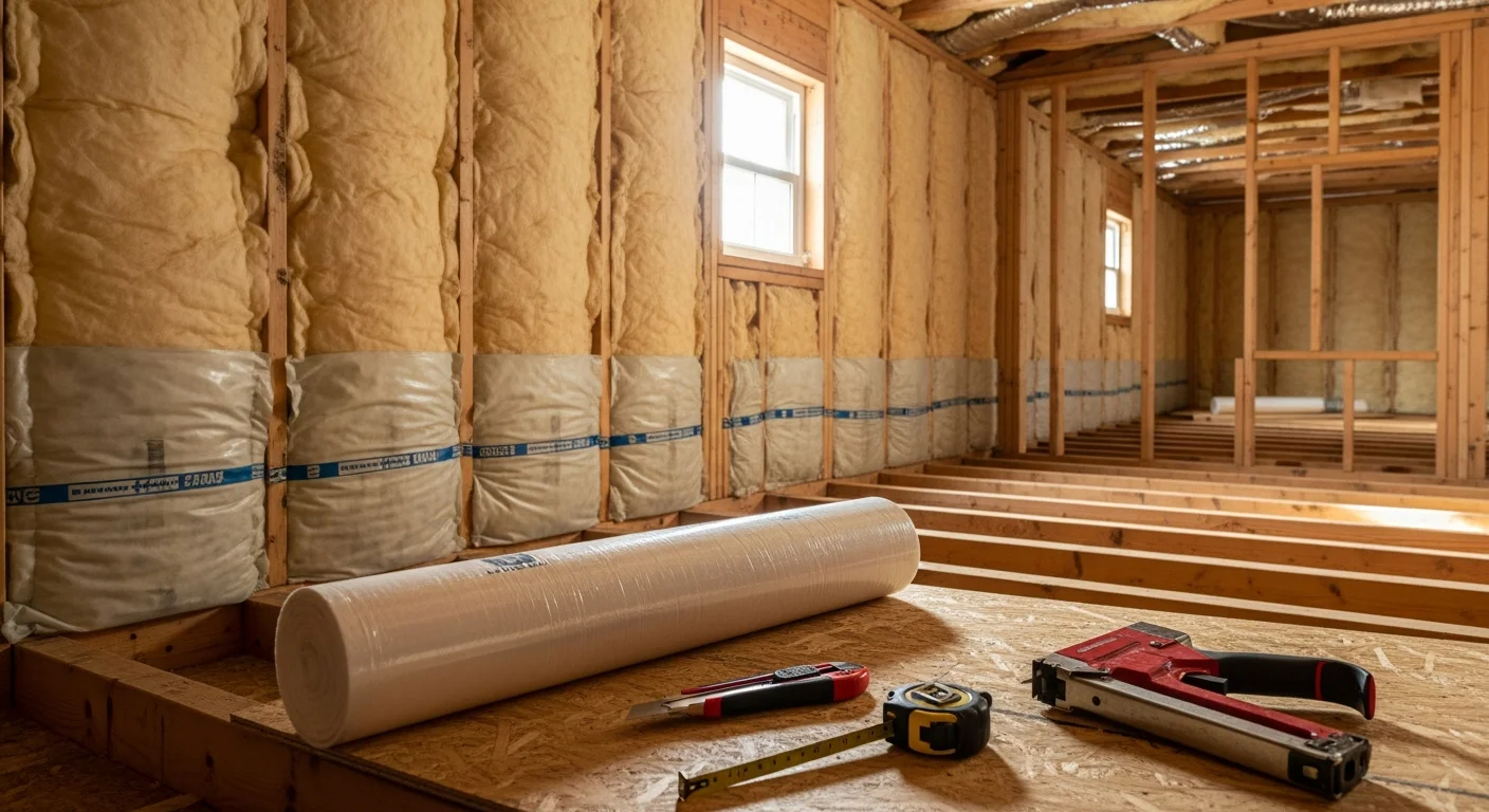 Insulation being installed in attic space of residential home