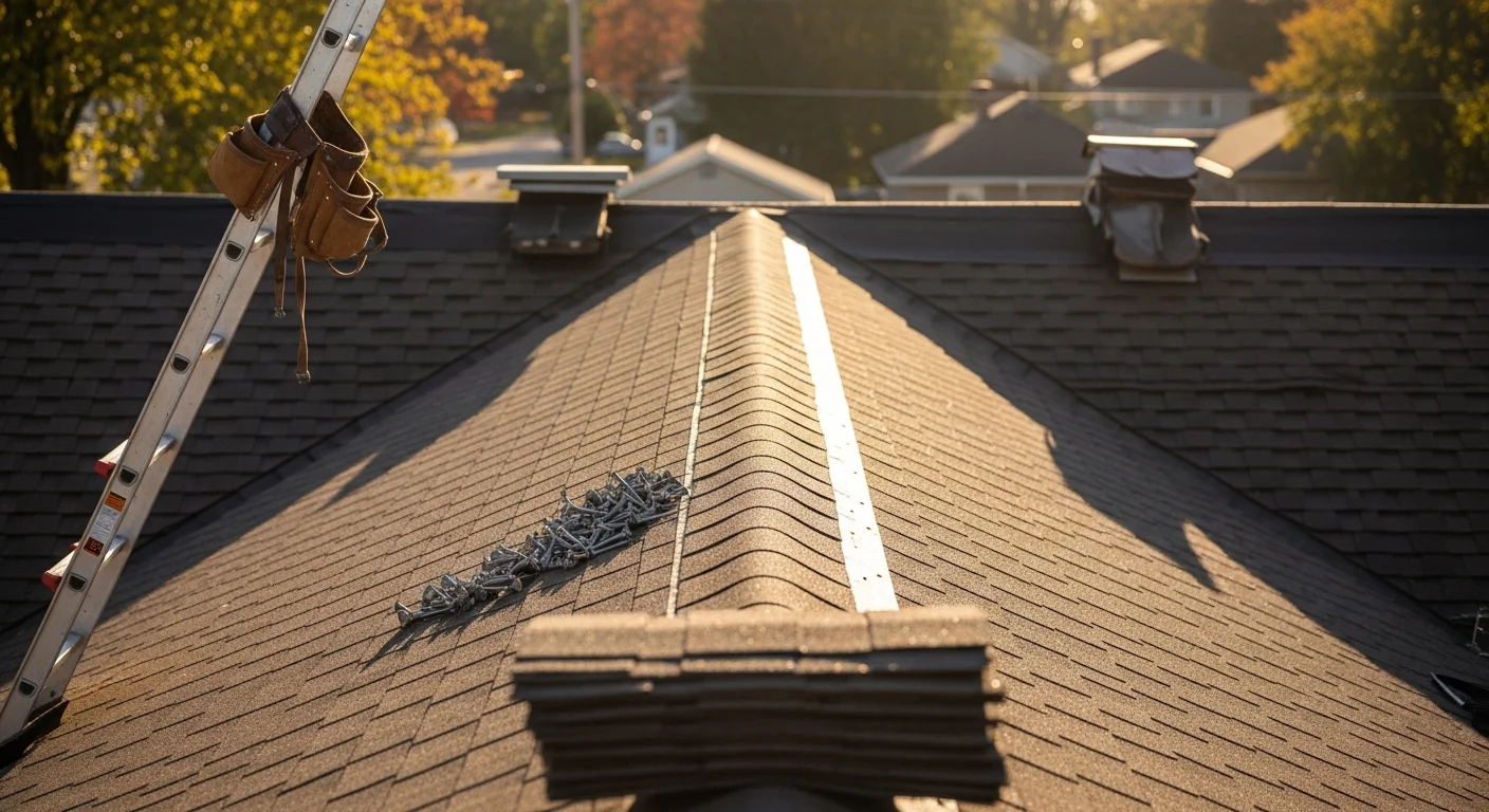 Professional roofer installing new roof shingles on residential home