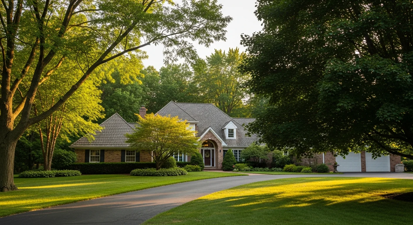 Wide view of a well-maintained residential property in Dundee, Michigan, with mature trees and a clear driveway.