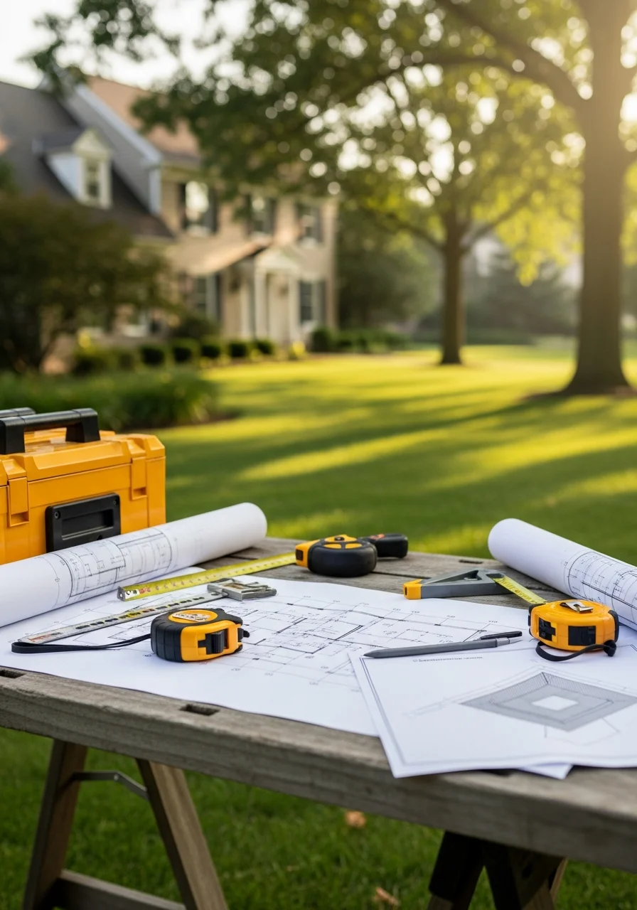 Portrait image of a contractor and homeowner reviewing property plans on a Farmington Hills lot.