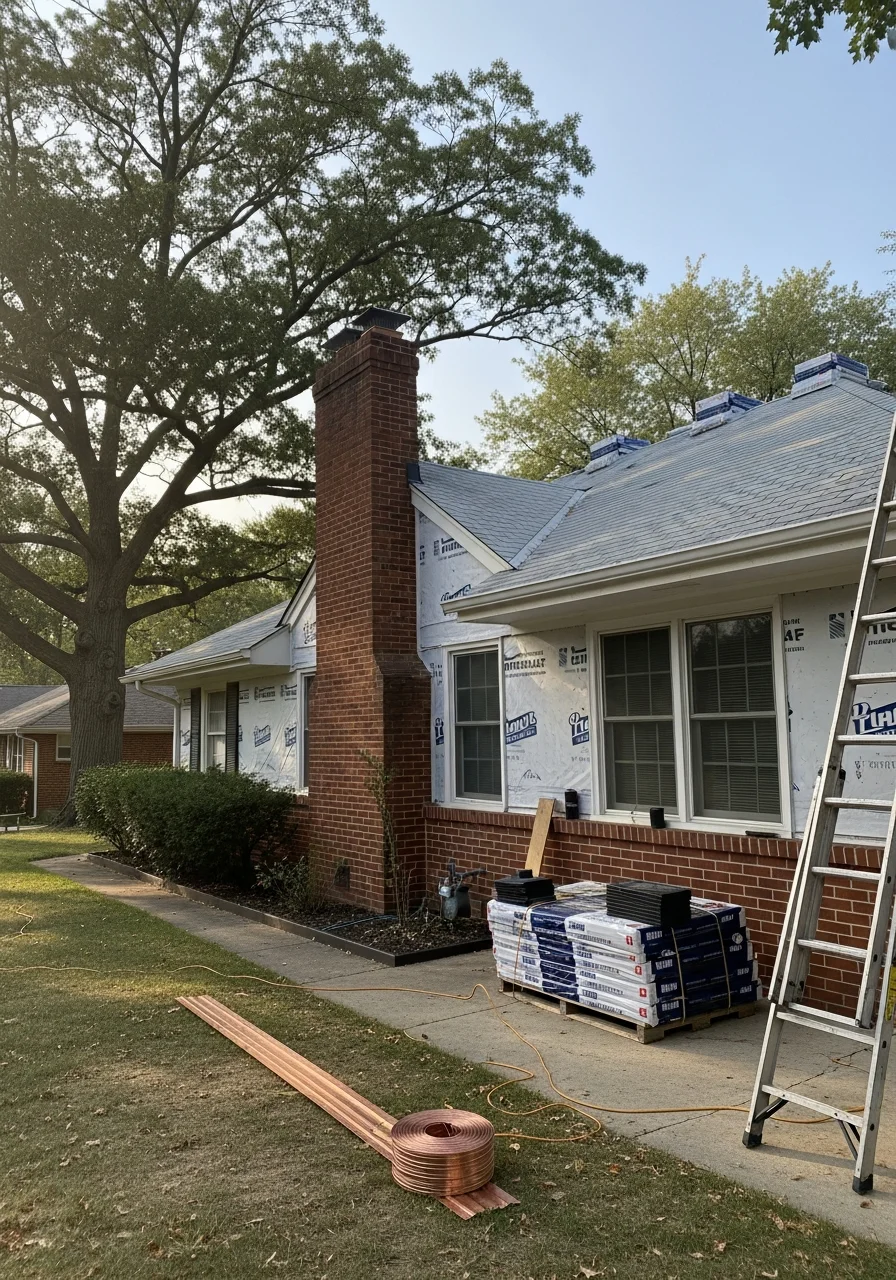 Portrait-style image of a contractor and homeowner standing on a Monroe property lot.