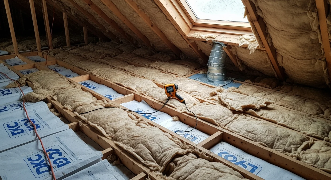 A Dundee home attic space showing freshly installed insulation laid evenly across the joists, with sealed penetrations and no visible gaps. The roof structure of a typical Scottish terraced property is visible above the insulation layer.