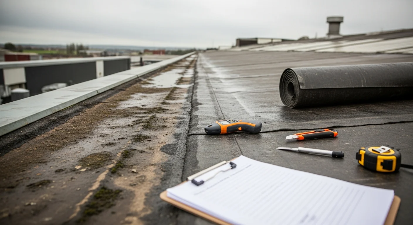 A flat commercial roof on a multi-unit building in Dundee, Scotland, showing a freshly installed waterproof membrane with clean drainage outlets and sealed flashing around rooftop fixtures. The Dundee cityscape is visible in the background under overcast Scottish skies.
