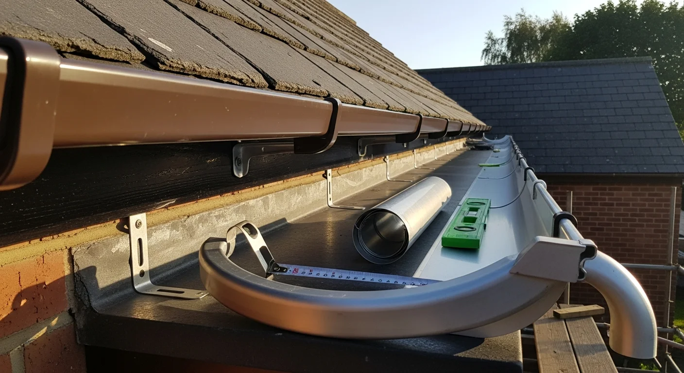 A newly installed gutter run fitted to the roofline of a Dundee sandstone property, with a downpipe connected at the corner and clean fascia boards visible beneath the eaves. The surrounding street shows a mix of traditional and semi-detached housing typical of the city.