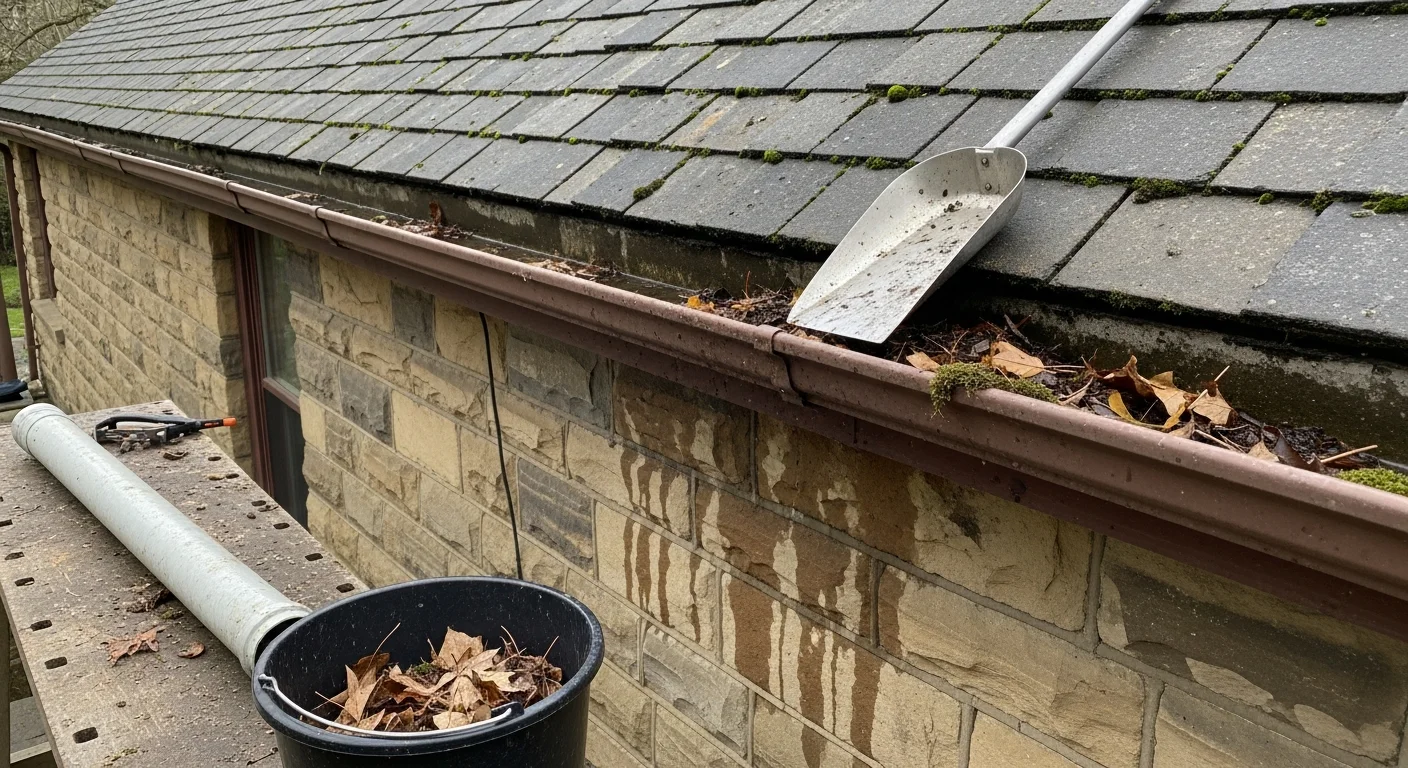 A gutter on a Victorian terraced property in Dundee being cleared of autumn leaf debris and moss by a maintenance technician on a ladder. The downpipe connection and fascia board are visible and in good condition following the service.