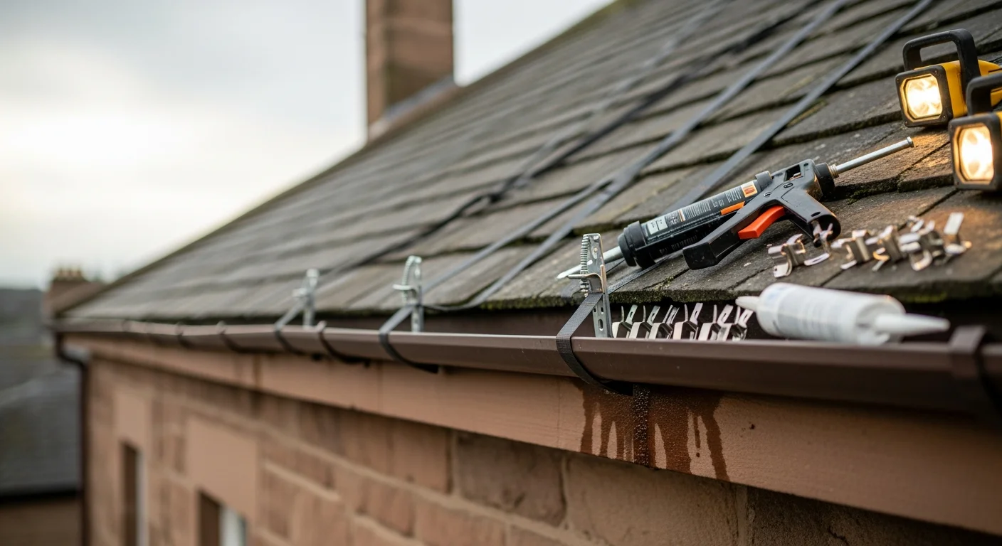 A repaired gutter section on a sandstone property in Dundee, with a clean downpipe connection and no visible sagging or joint separation. The roofline is dry and correctly pitched away from the external wall.