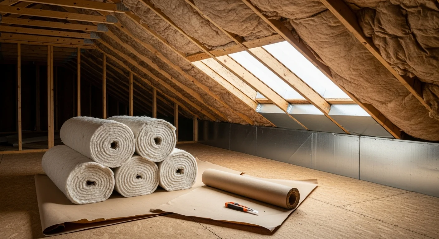 An insulation contractor installing loft insulation in a Dundee residential property, with insulation material laid evenly across the ceiling joists. The image shows a typical older Dundee home interior during a professional insulation installation job.
