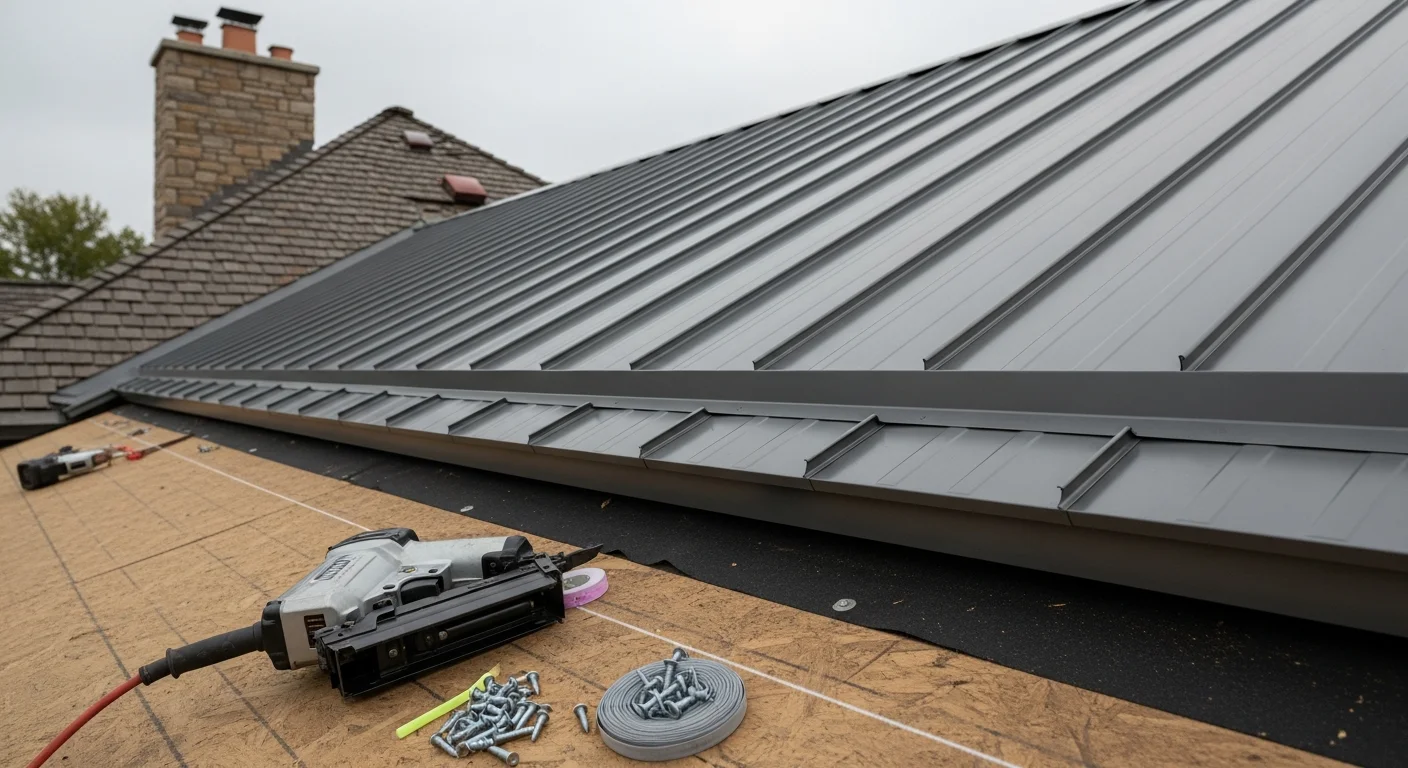 A completed metal roof installation on a traditional Dundee residential property, showing interlocking metal panels with clean ridge and flashing details. The roof sits against a typical Dundee streetscape under overcast Scottish skies.