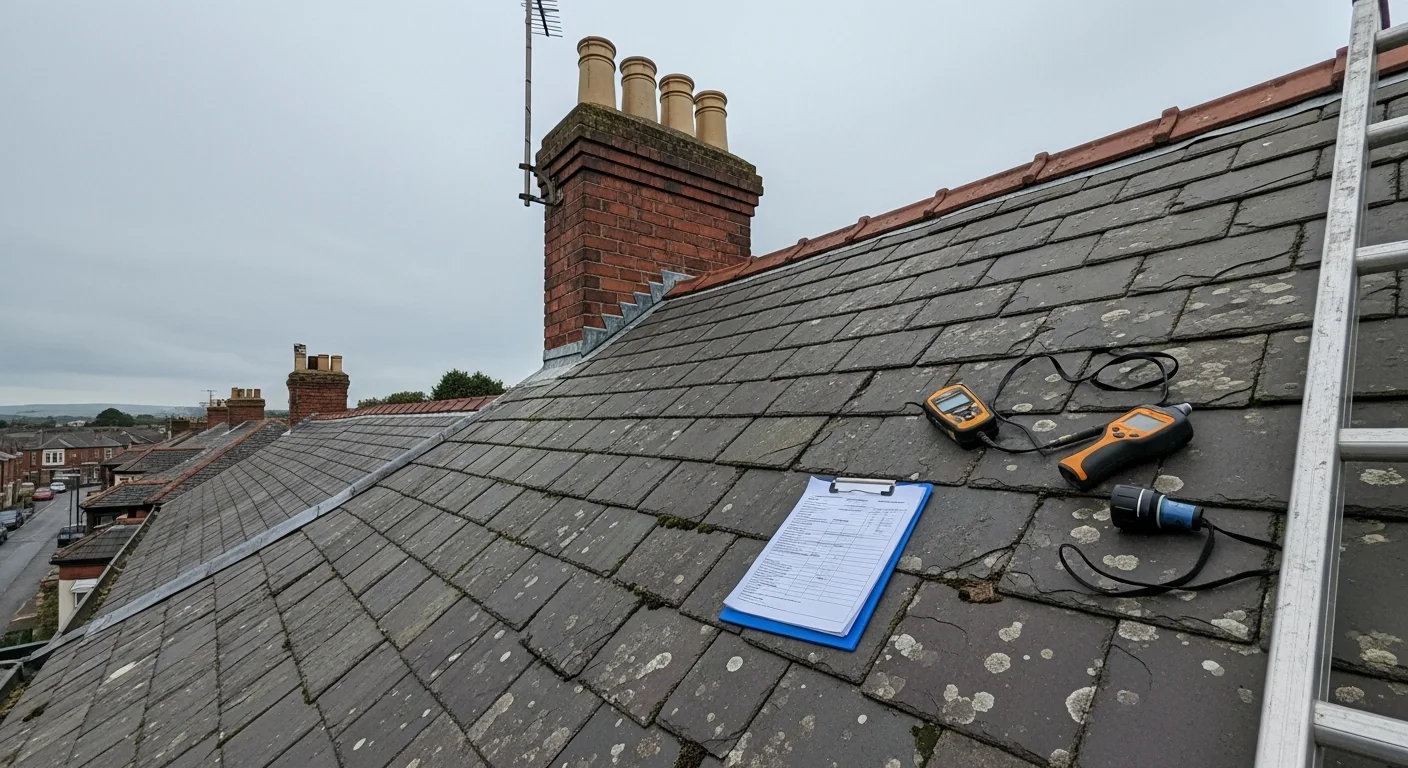 A roofing contractor from AAC Property Restoration inspecting the slate roof and flashing of a traditional Dundee tenement property. Close-up view showing the ridge line, chimney stack, and guttering during a professional roof condition assessment.