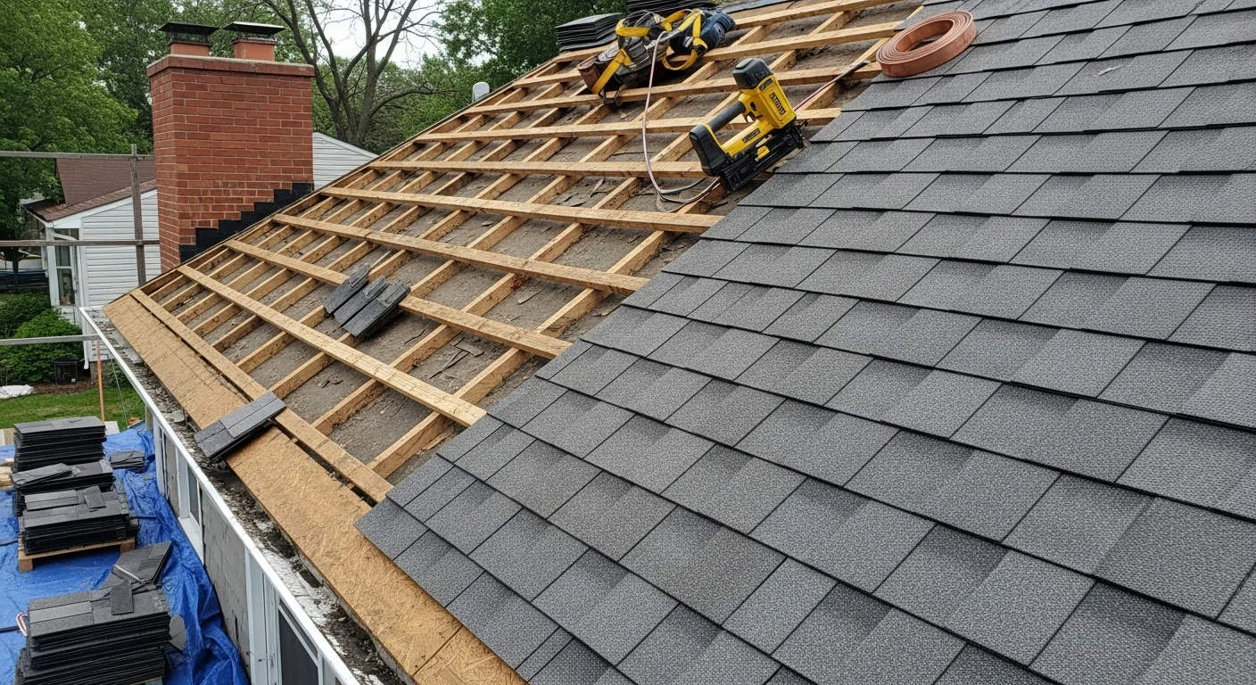 A Dundee residential property with a newly completed pitched roof replacement, showing clean, uniform roofing laid across a traditional sandstone terraced home. Scaffolding is visible along the roofline with a clear sky above.