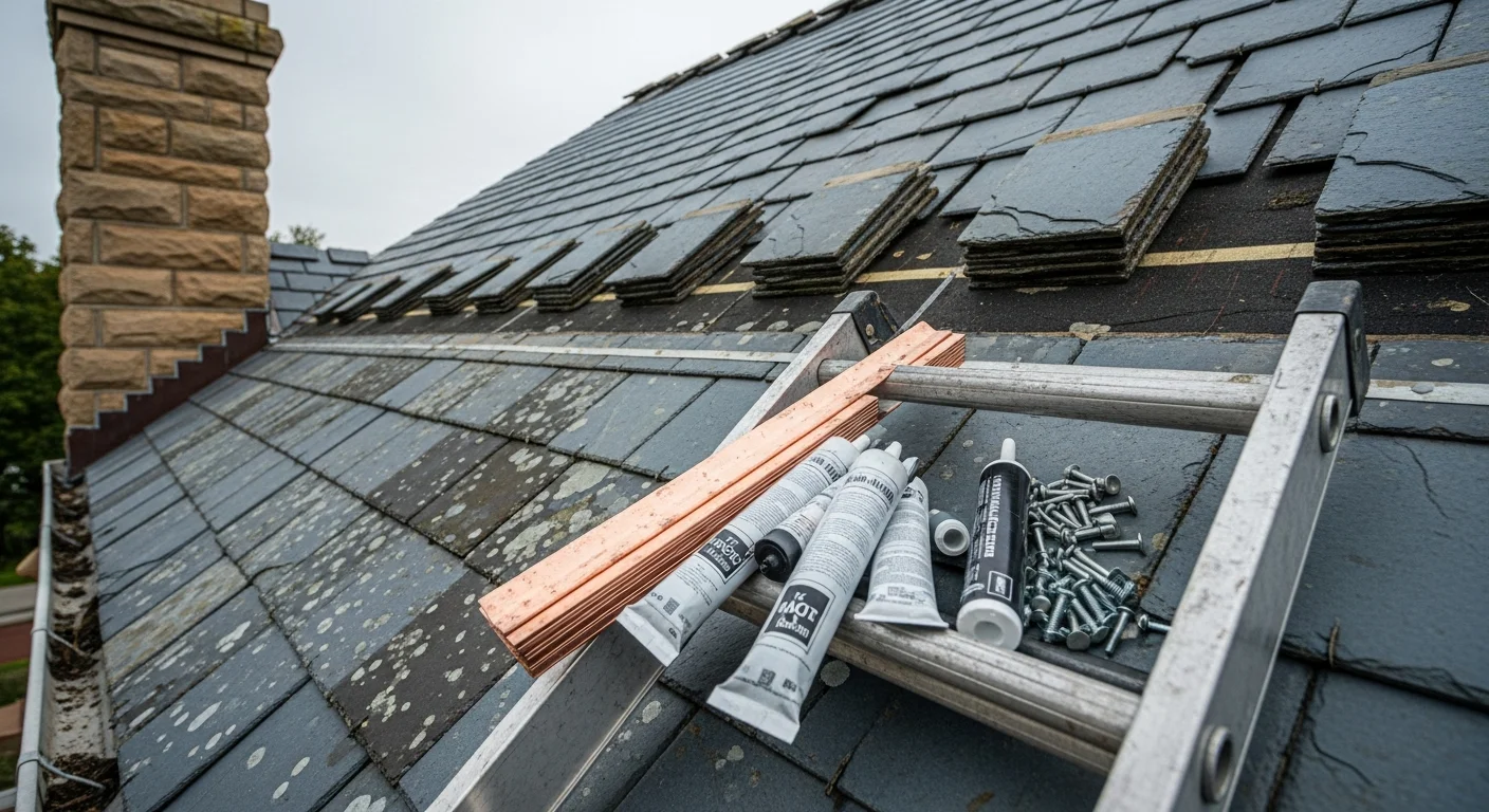 A roofing contractor repairing slipped tiles and failed flashing on a pitched roof of a sandstone tenement property in Dundee. Close-up view showing repaired ridge line and repointed chimney stack against a grey Scottish sky.