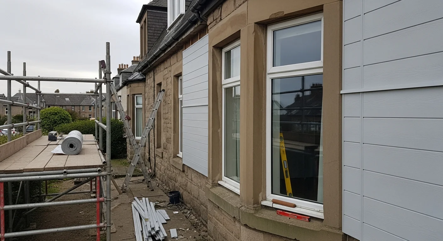 Freshly installed siding on a detached residential home in Dundee, Scotland, with clean horizontal panels and sealed edges visible along the front and side elevations. The exterior shows no gaps or weathering against a typical overcast Dundee sky.