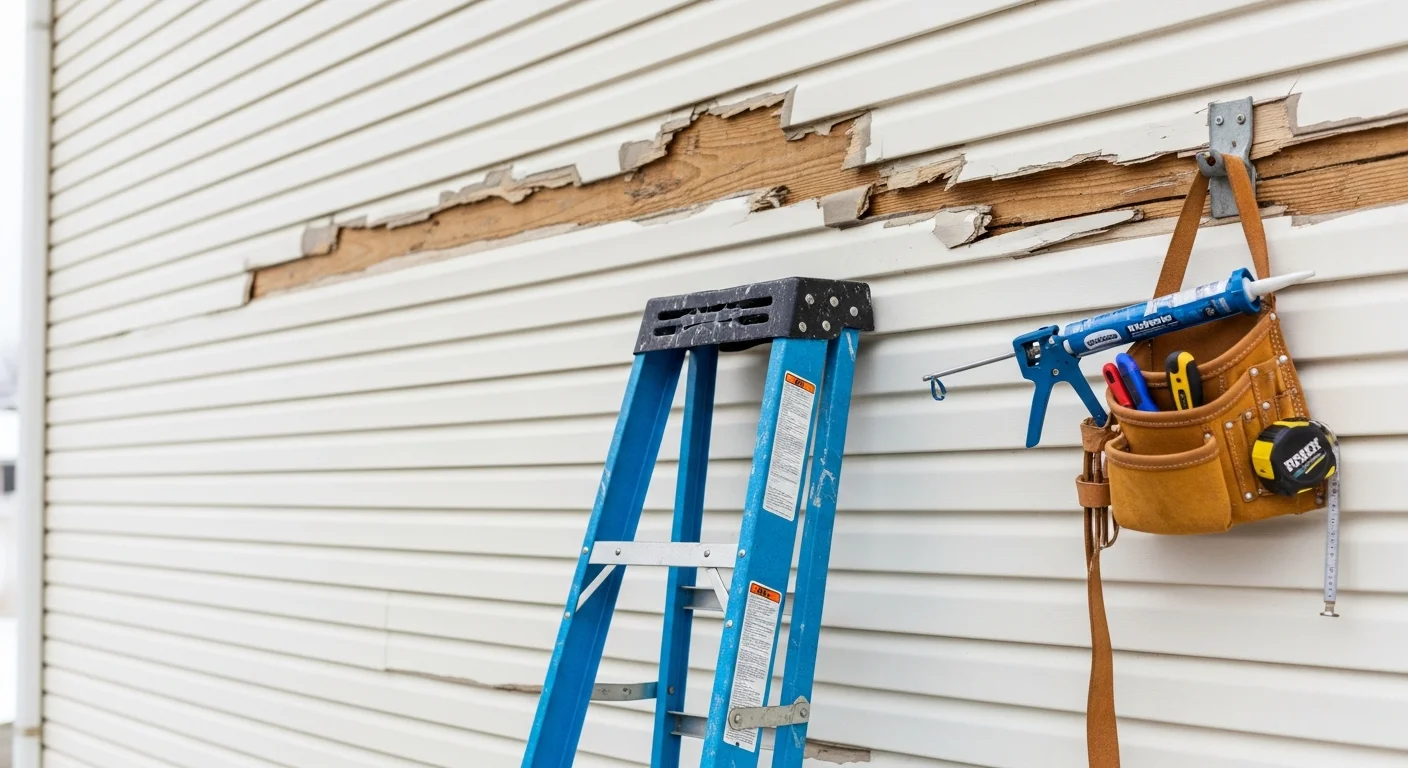 A Dundee residential property exterior showing repaired siding panels with clean seams and no visible gaps or warping. The repair work covers a wind-facing wall where storm damage had caused sections to pull away from the structure.