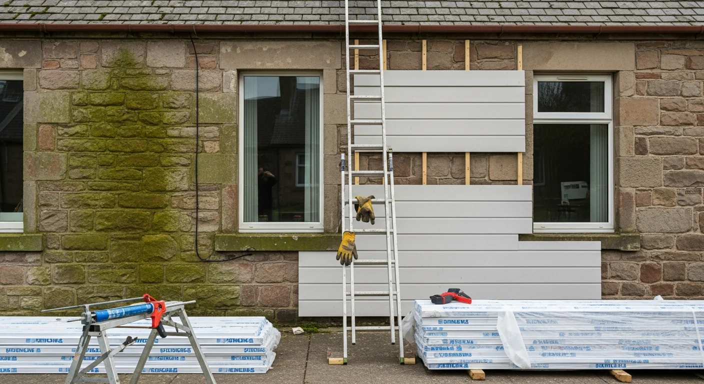 A Dundee residential property with newly installed exterior siding replacing old, weathered panels. The finished exterior shows clean, flush siding lines on a semi-detached home typical of Dundee's suburban neighborhoods.